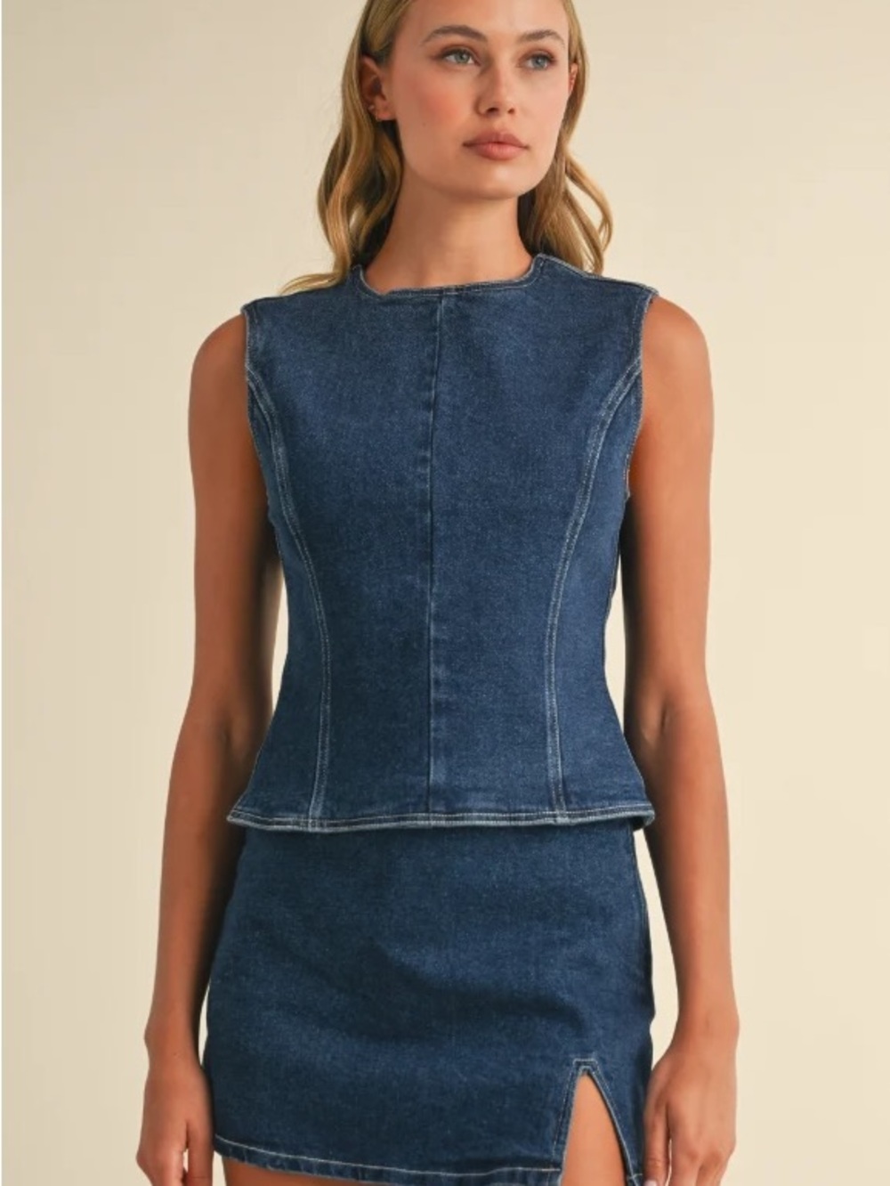 Dark Blue Denim Sleeveless Peplum Top and Skirt Set